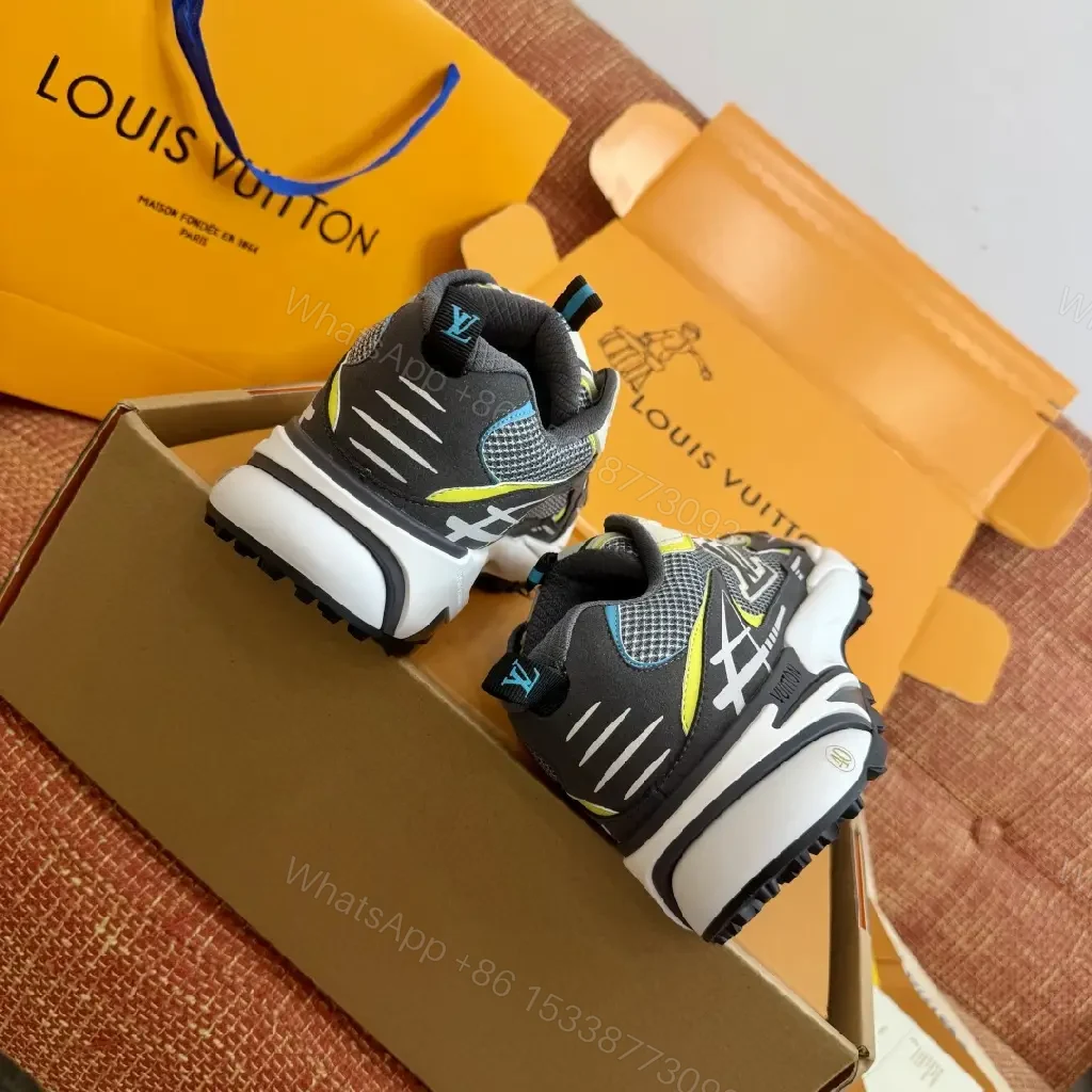 View 3 of Black Grey Mesh Runner Sneakers with Neon Accents, Louis Vuitton Style, Men's/Unisex