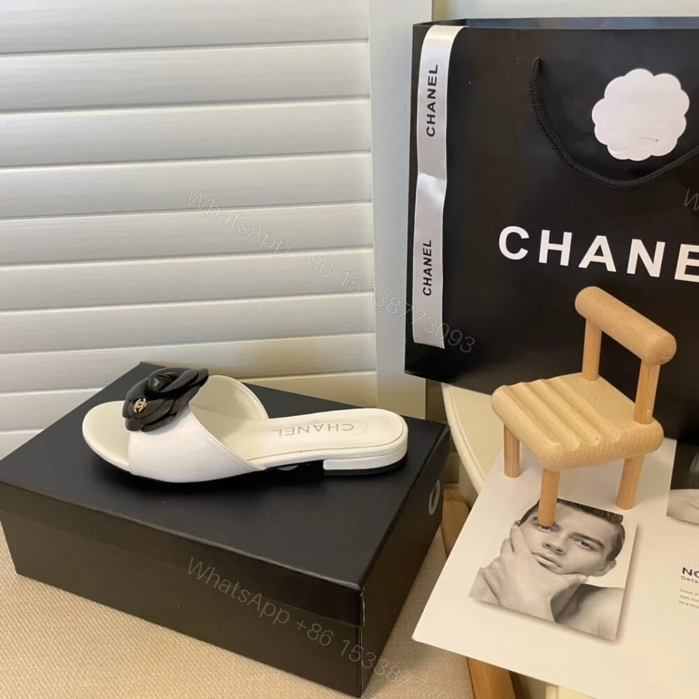 View 7 of Chanel Black Camellia Slides White