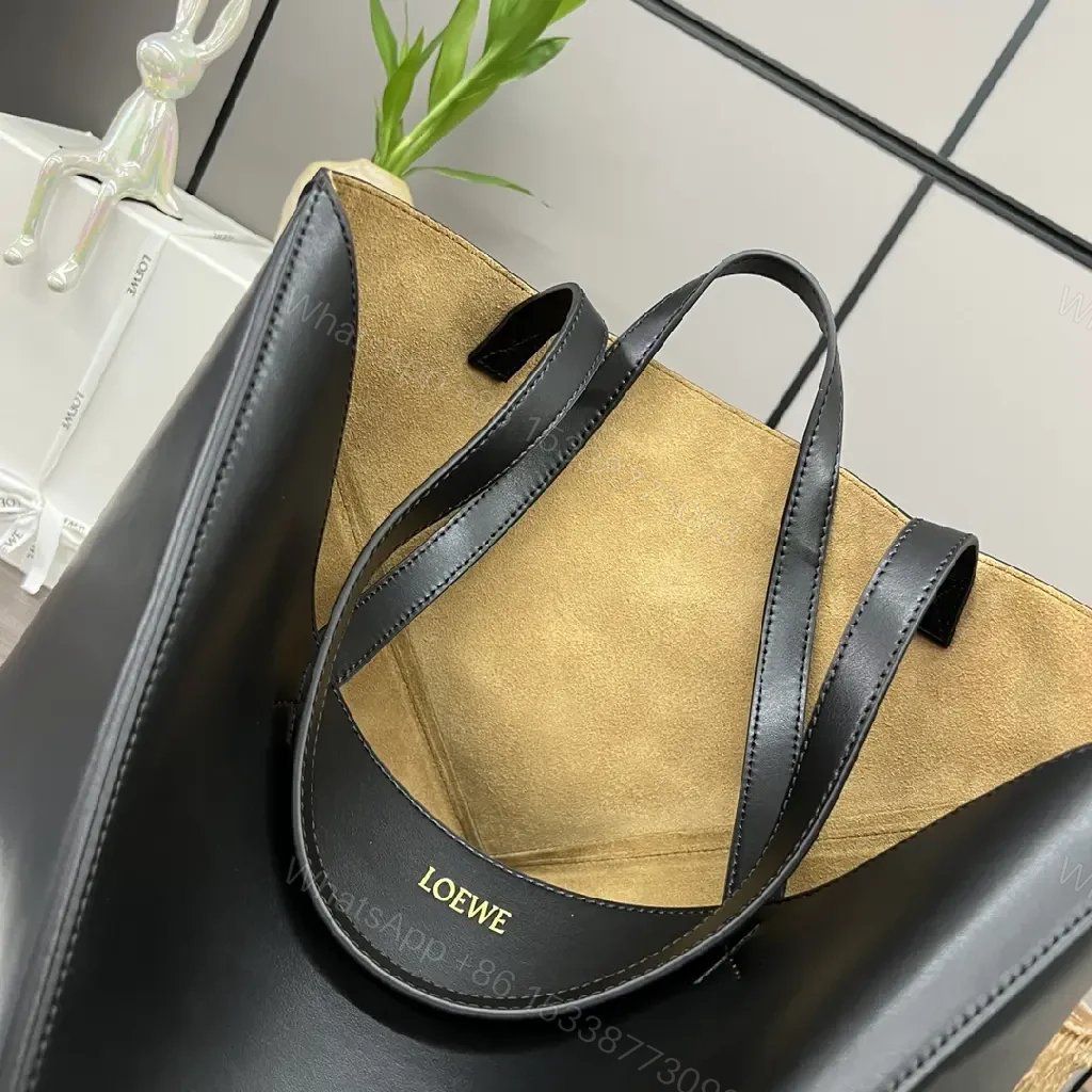 View 8 of Black Leather Structured Tote with Geometric Panels & Gold LOEWE Logo