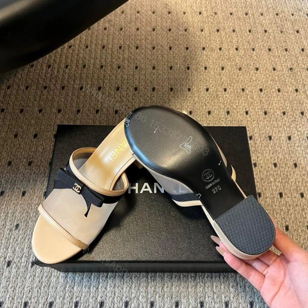 View 7 of Chanel Mesh Bow Block Heel Mules Beige And Black