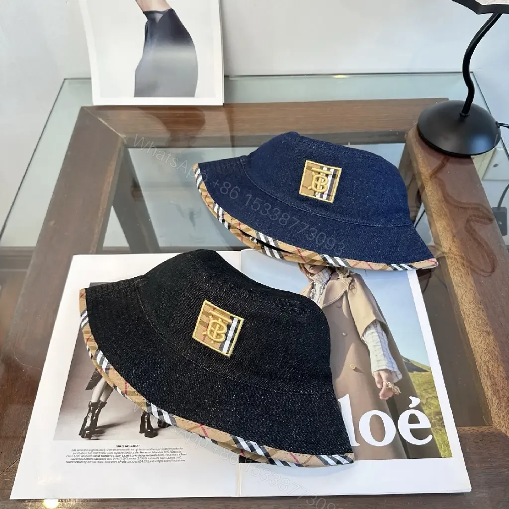View 7 of Dark Black Denim Bucket Hat with Burberry-Style Band and Gold Emblem