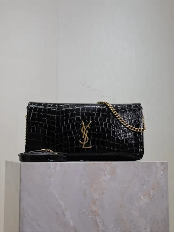Croc-Effect Black Leather Bag with Gold YSL Chain Strap — view 1