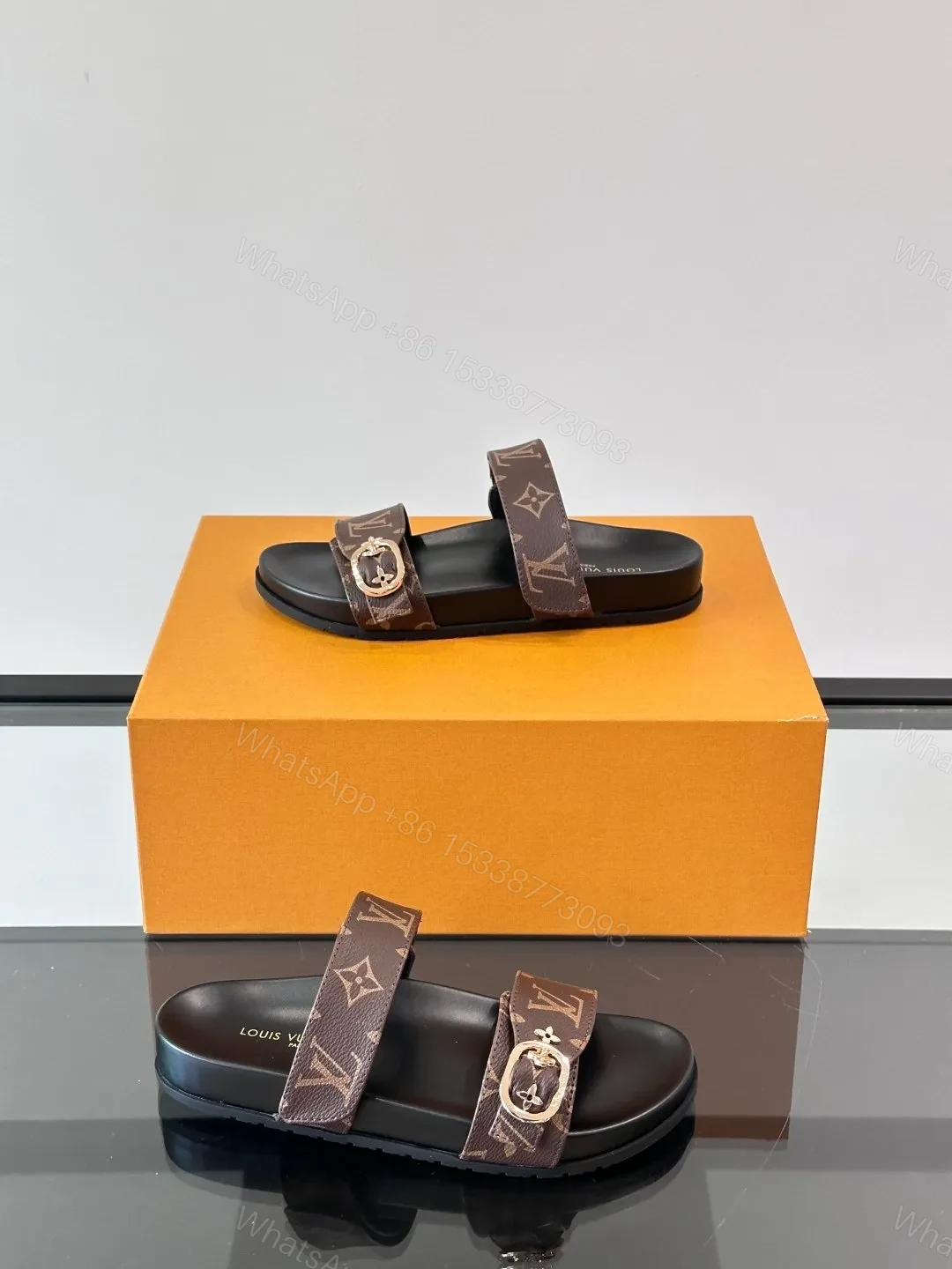 View 4 of LV Men Brown Leather Logo Print Sandals