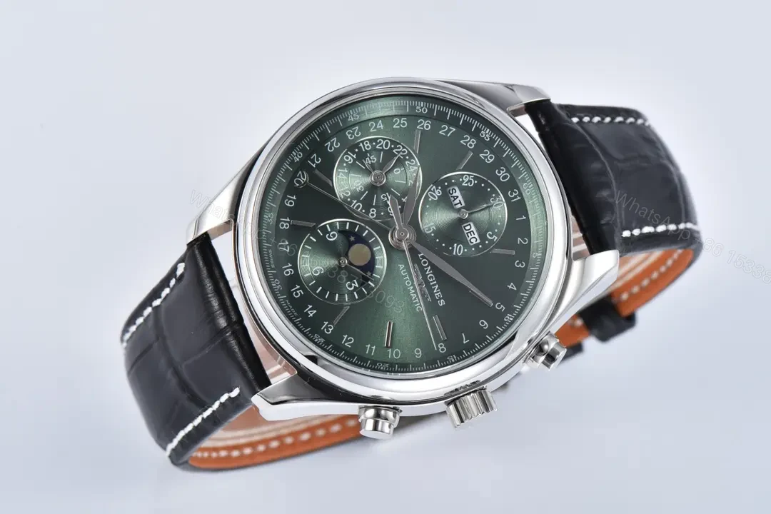 View 2 of Longines Master Collection Moon Phase Chronograph Watch Silver Case Black Leather Strap Green Dial Classic Elegant Style