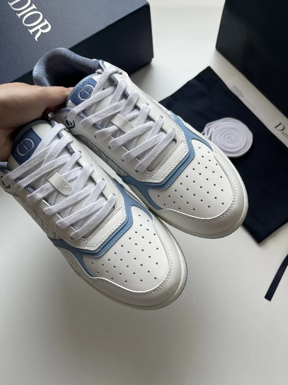 View 5 of White & Ice Blue Leather Sneakers: Subtle Luxury Trainer