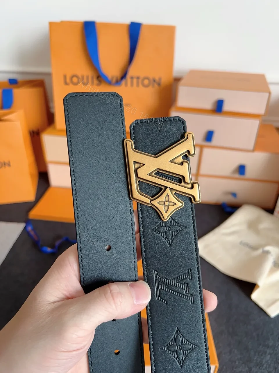 View 7 of Lux Black Leather Belt with LV Monogram & Silver Buckle