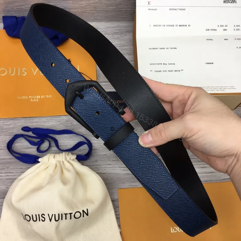 View 5 of Blue Textured Leather Belt â€“ Louis Vuitton Style, 40mm, Gold-Standard Quality