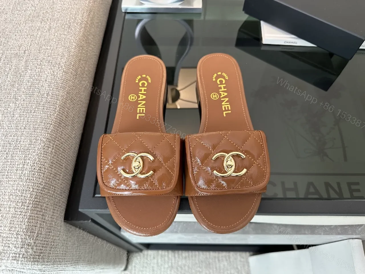 View 7 of Brown Quilted Sandals with Gold Logo, Open-Toe Slip-On, Luxury Style