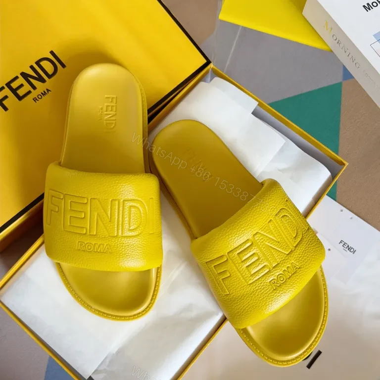 View 6 of Yellow Leather Slip-On Sandals by Fendi Roma + Contoured Comfort