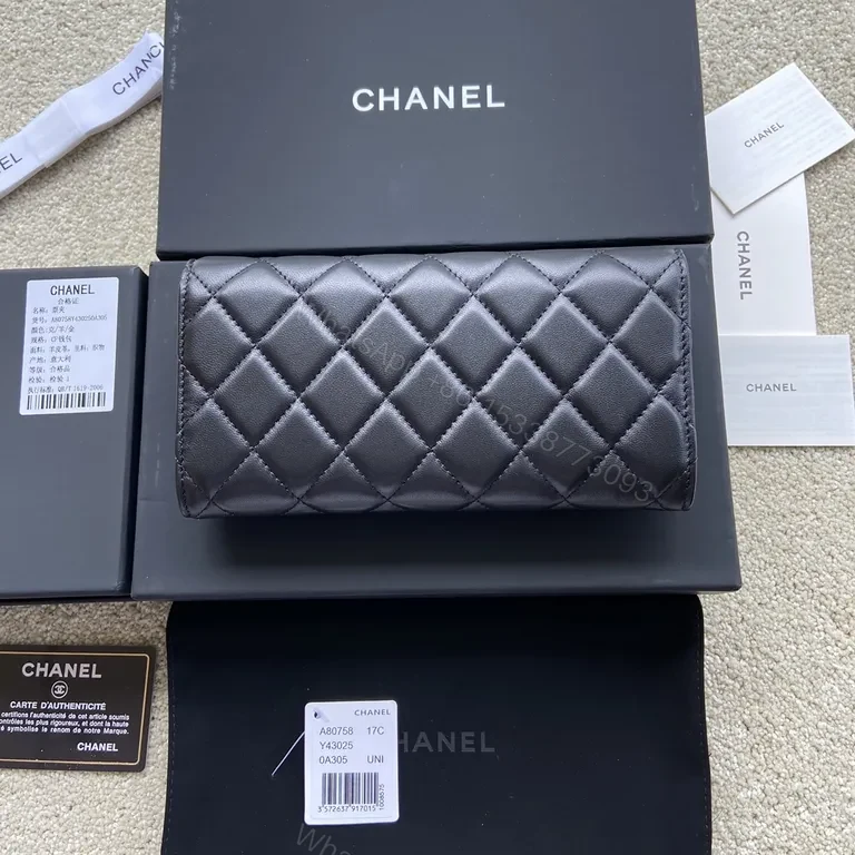 View 7 of Chic Quilted Black Leather Wallet â€“ Gold CC Logo Luxury