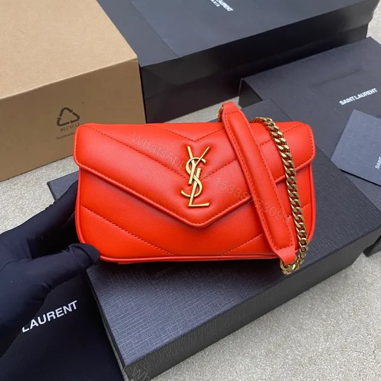 Compact Red Leather Shoulder Bag with YSL Gold Monogram — view 1
