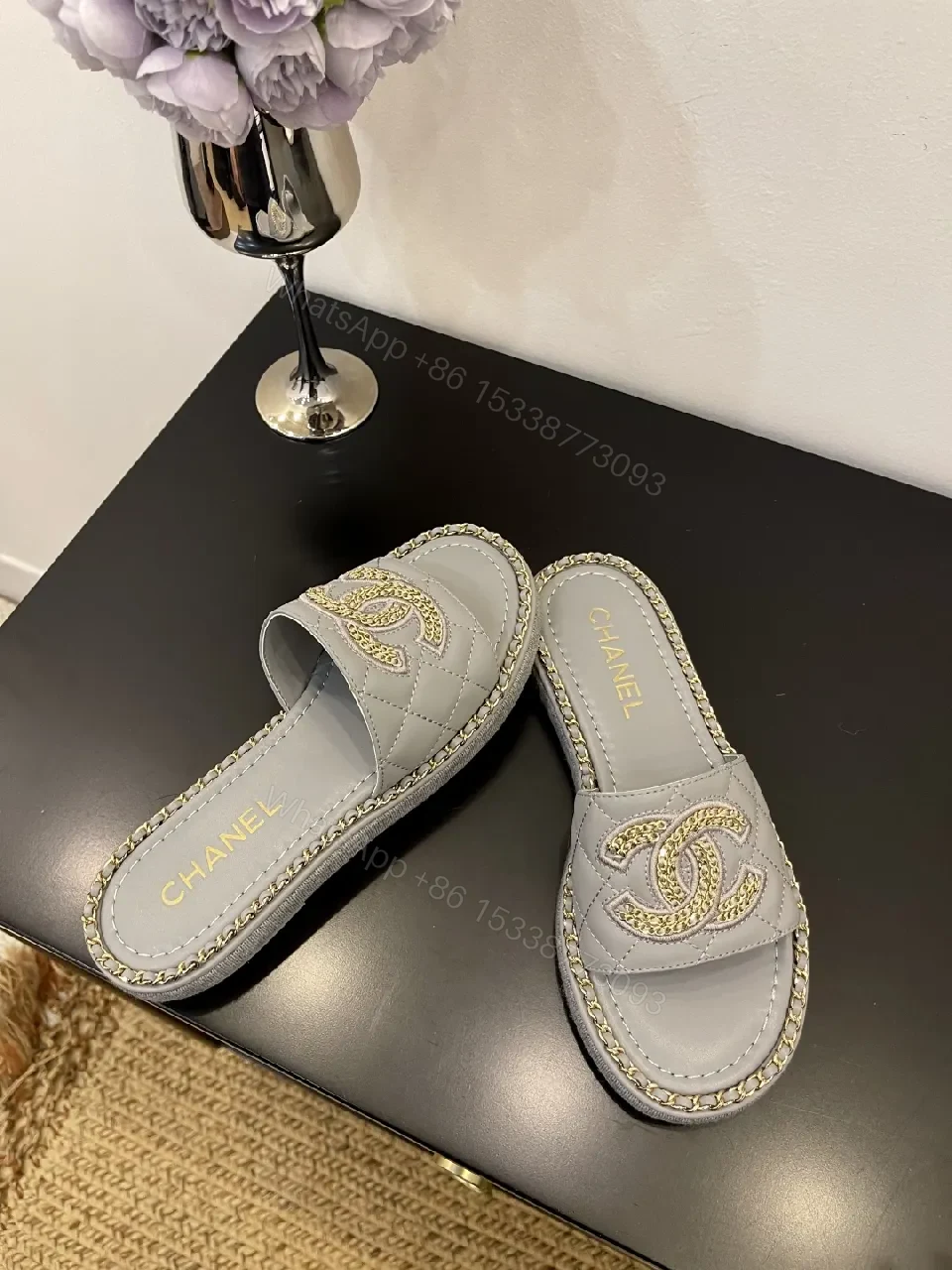 View 9 of Grey Leatherette Embellished Slide — Luxe, Cushioned, Slip-On