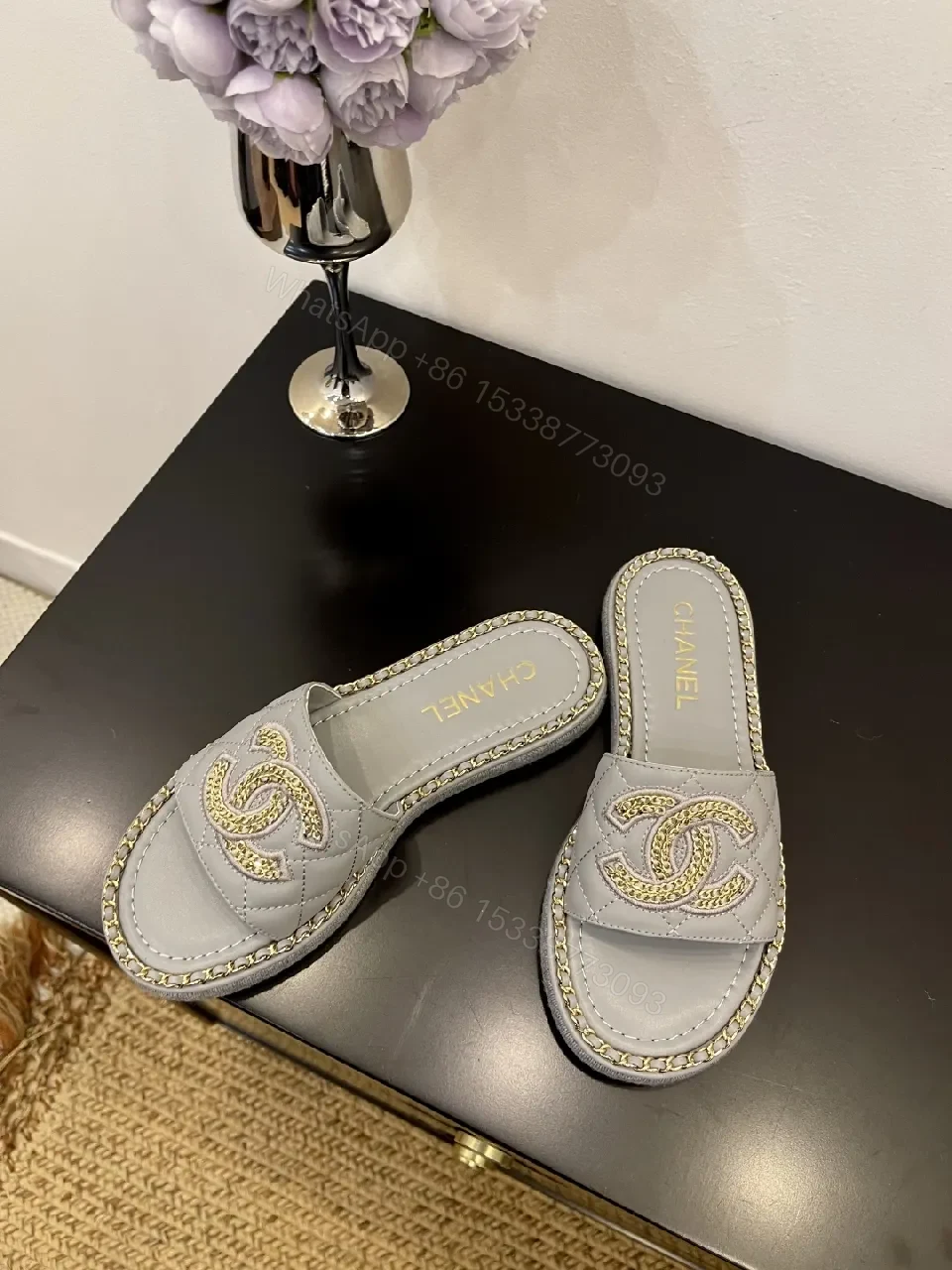 View 2 of Grey Leatherette Embellished Slide — Luxe, Cushioned, Slip-On