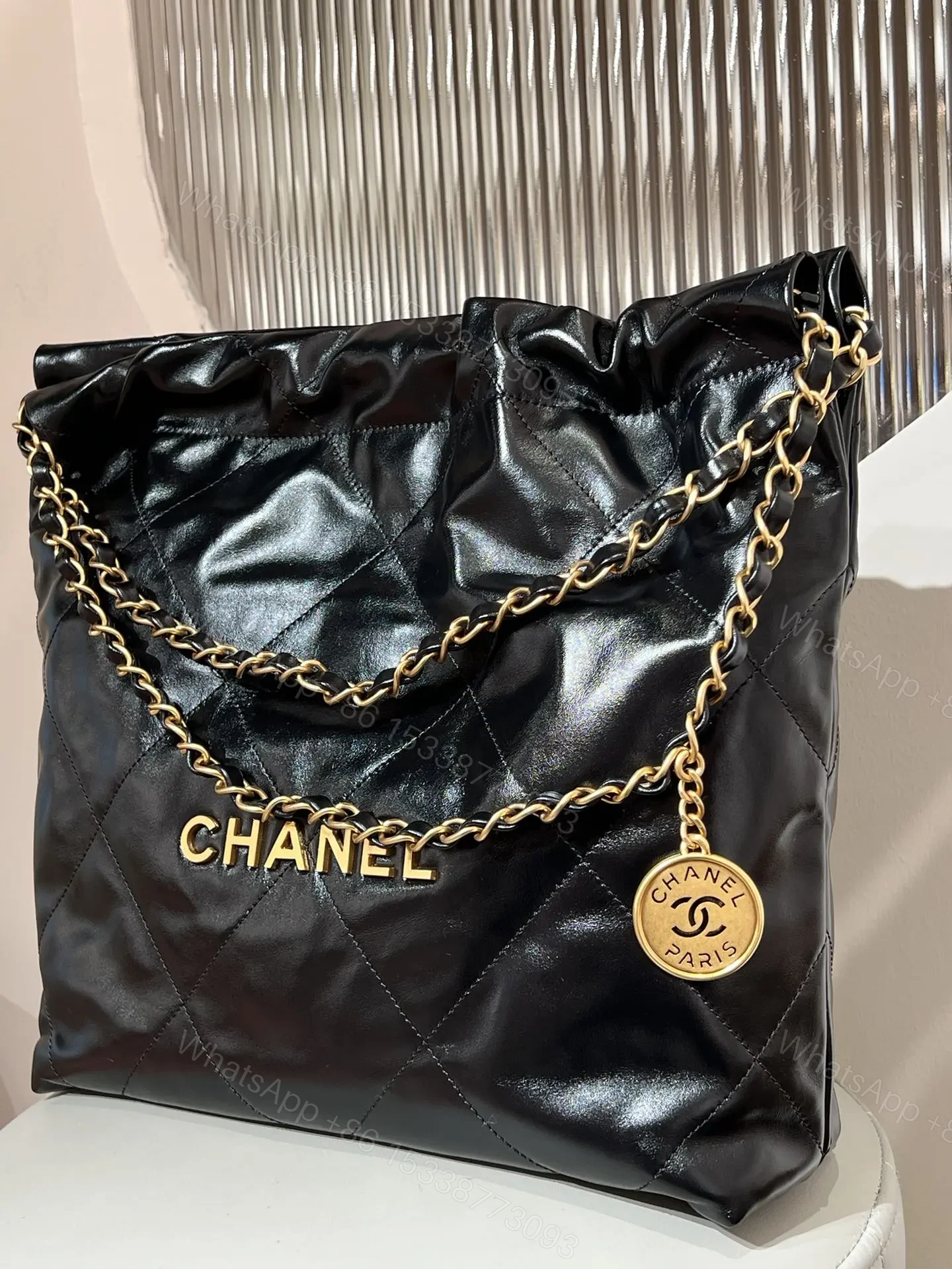 View 2 of CHANEL 22 Bag Small Gold & Black Lambskin Leather