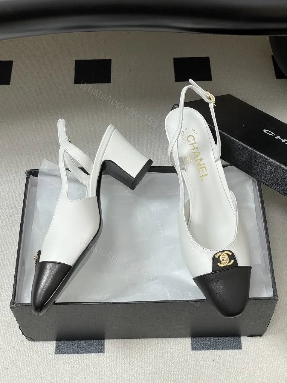 View 5 of Two-Tone Slingback Heels with Gold Logo Accent
