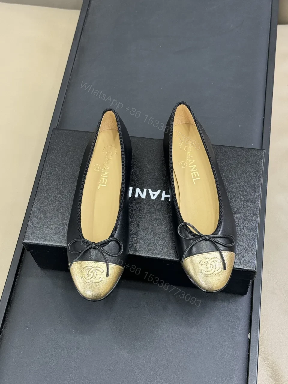 View 3 of Black Leather Ballet Flats with Gold Cap Toe, Sleek, Comfortable, Designer-Inspired