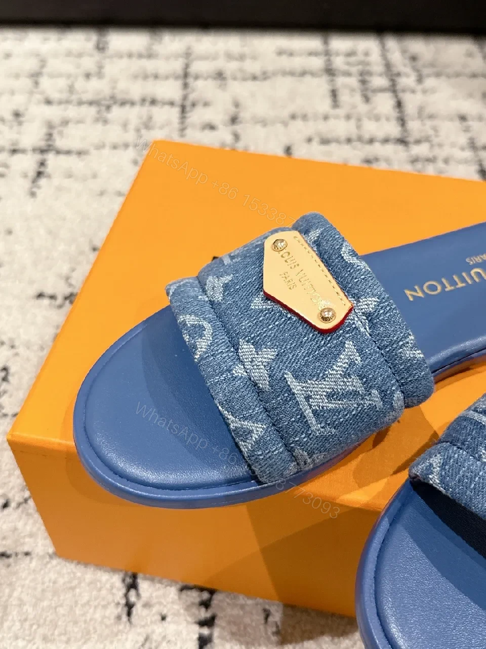 View 6 of Denim Monogram Slide with Gold Plaque: Modern Luxe Comfort