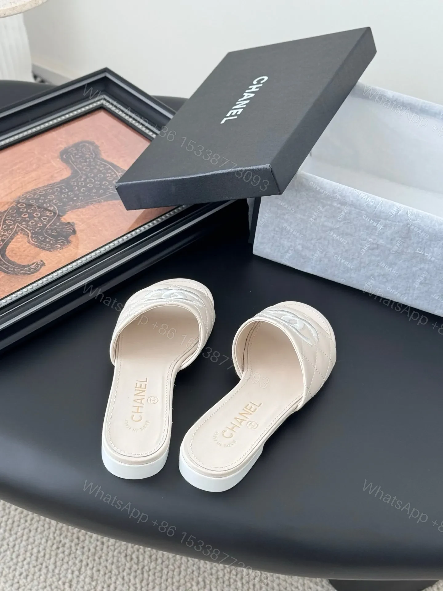 View 5 of Chanel Women Cream Quilted Leather Slides