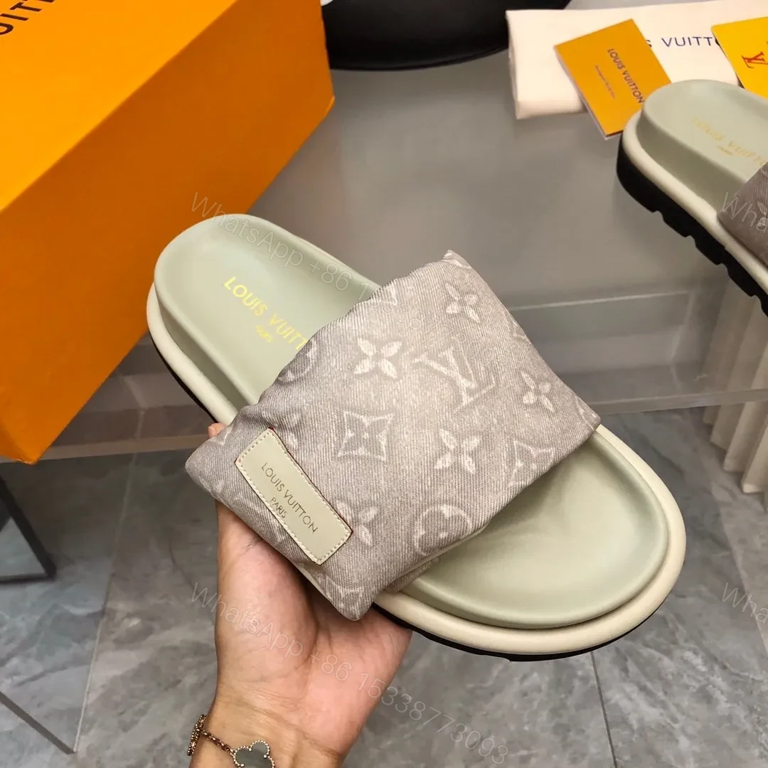 View 3 of LV Women Light Gray Fabric Slides Sandals