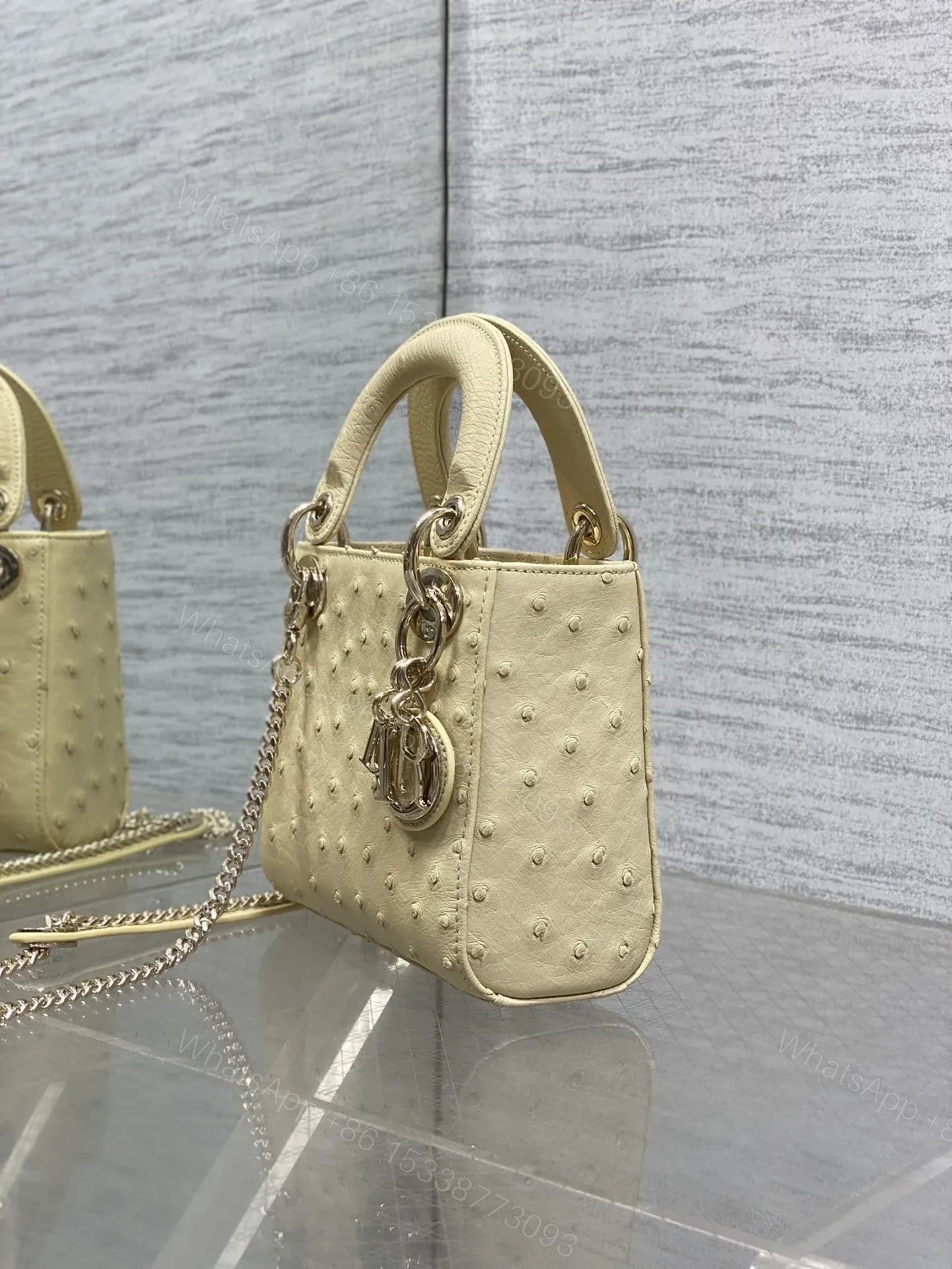 View 4 of Christian Dior Mini Lady Dior bag in Beige ostrich leather
