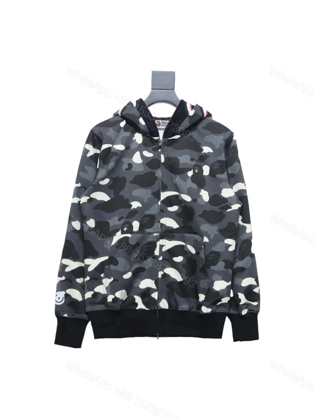 View 7 of BAPE Shark's Head Tiger's Head Zipper Luminous Camo Double Hoodie Gray Black