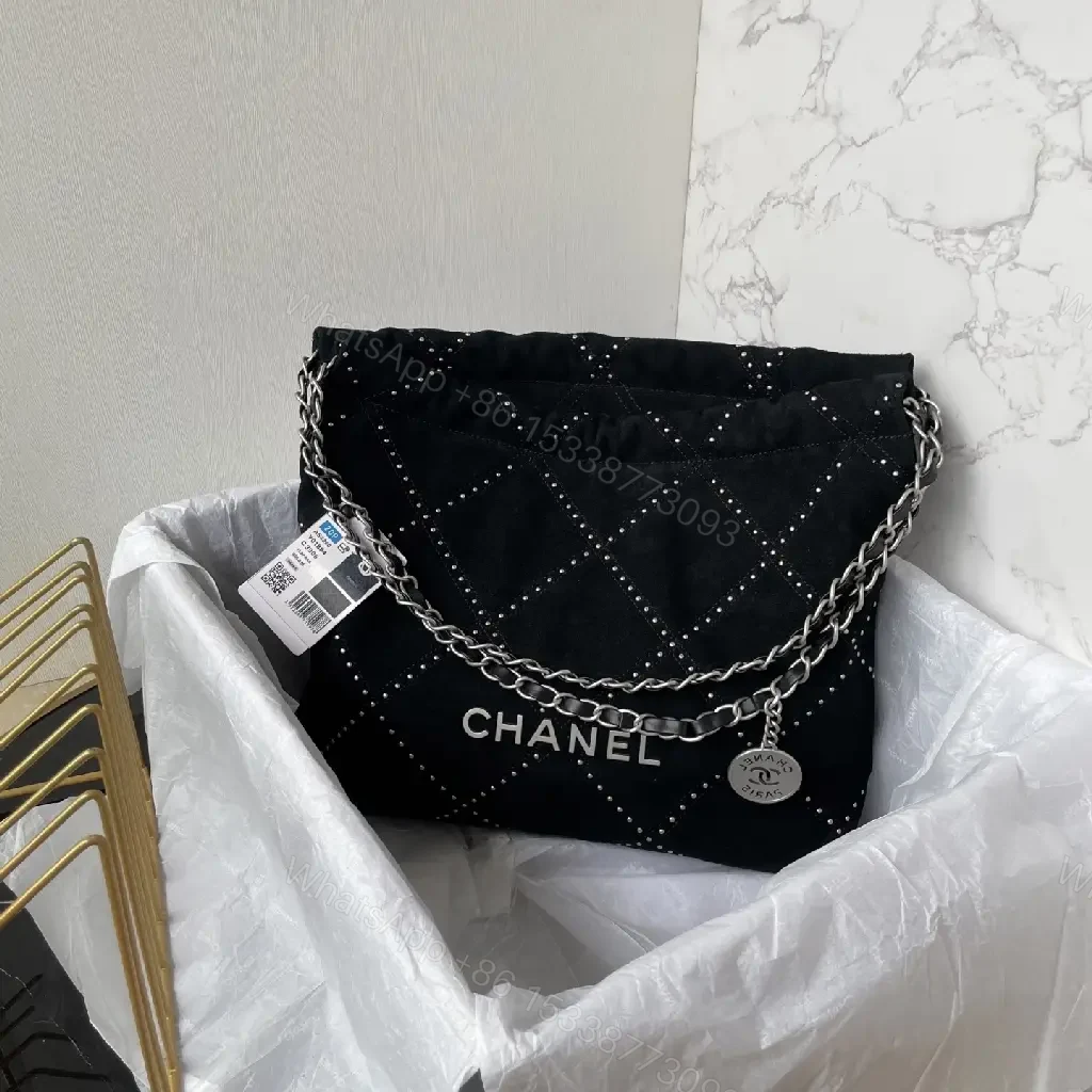 Black Satin Quilted Bag with Diamond Stitching, Silver Chain Strap — view 1