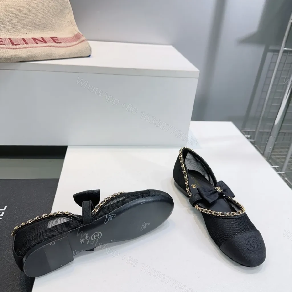 View 5 of Black Satin Bow Flat with Gold Chain Detail, Slip-On Ballet Flat