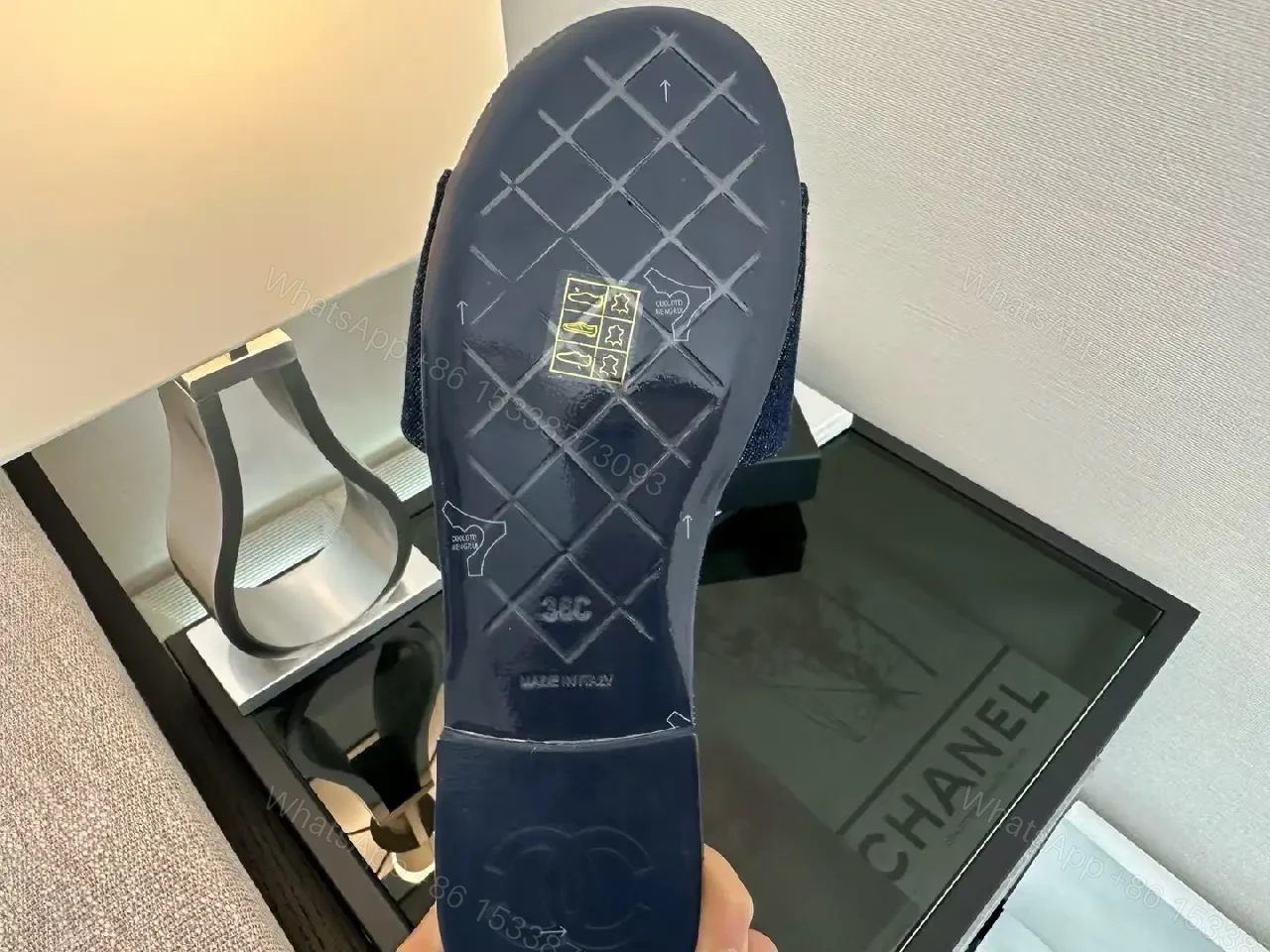 View 2 of Denim Slides with Gold Emblem – Luxe Casual Comfort