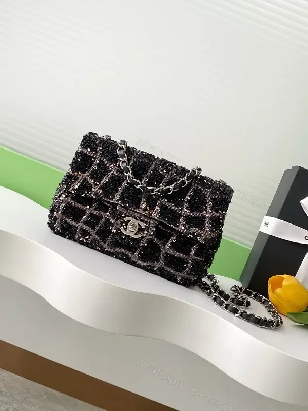 Black Tweed Quilted Flap Bag with Silver Chain Strap — view 1