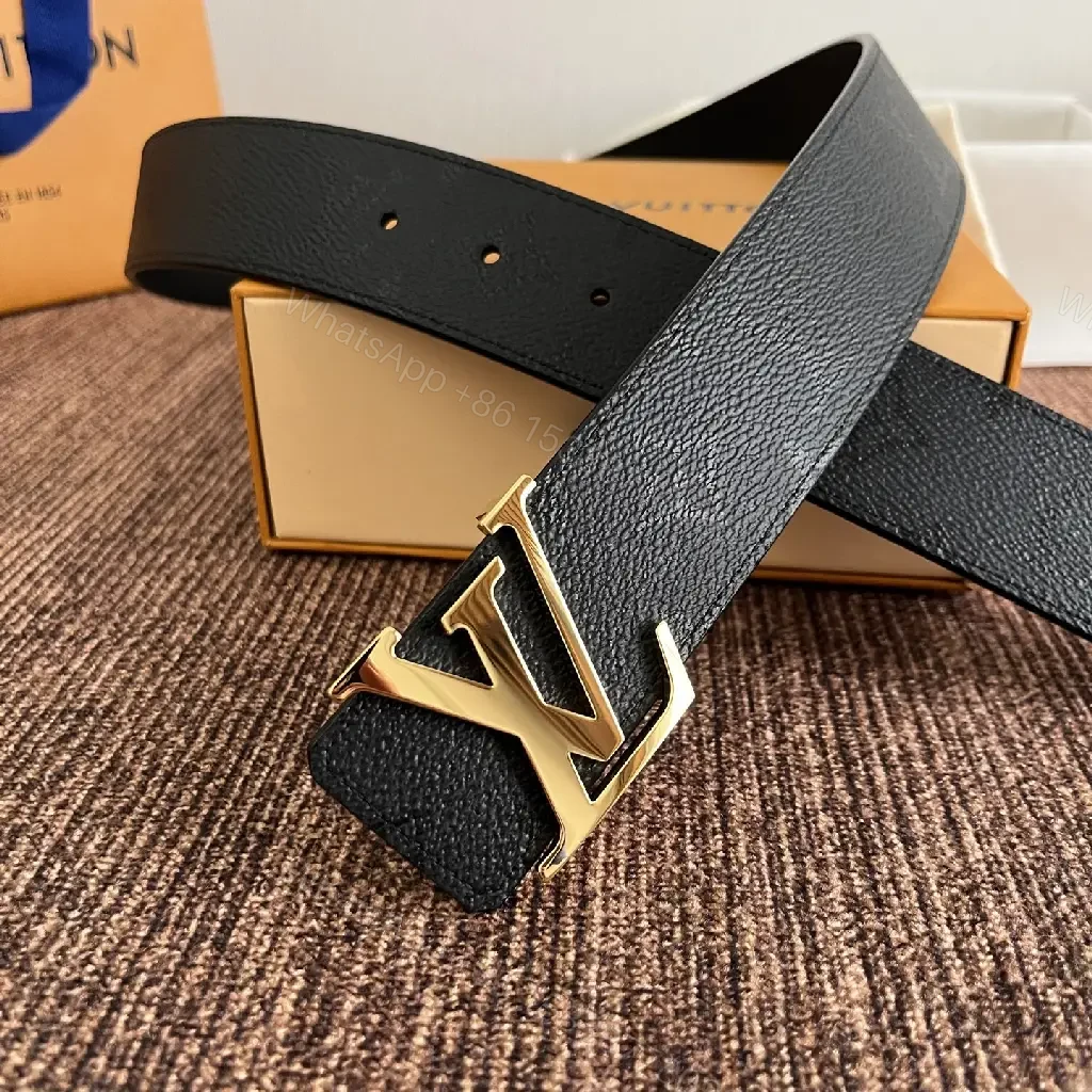 View 3 of Black Pebbled Leather Belt with Gold LV Buckle - Classic Luxury