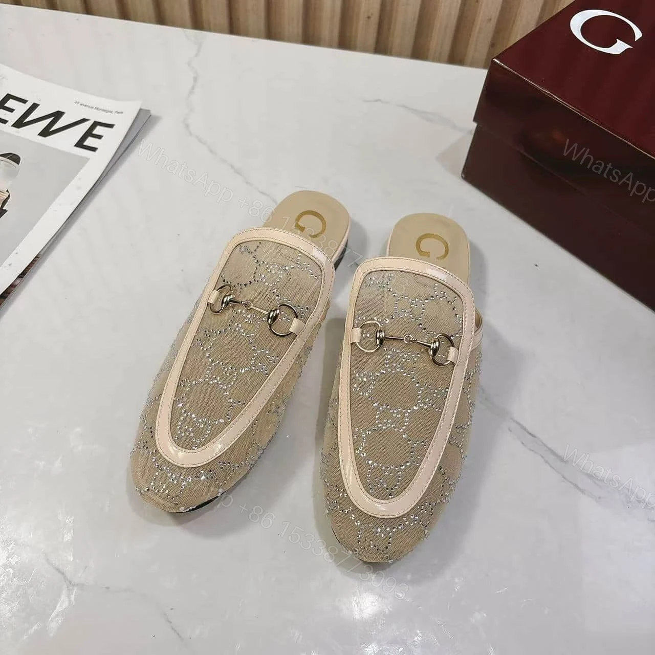 View 2 of GUCCI WOMEN GG CRYSTAL PRINCETOWN SLIPPER BEIGE ‎835484 FAEQ0 9941