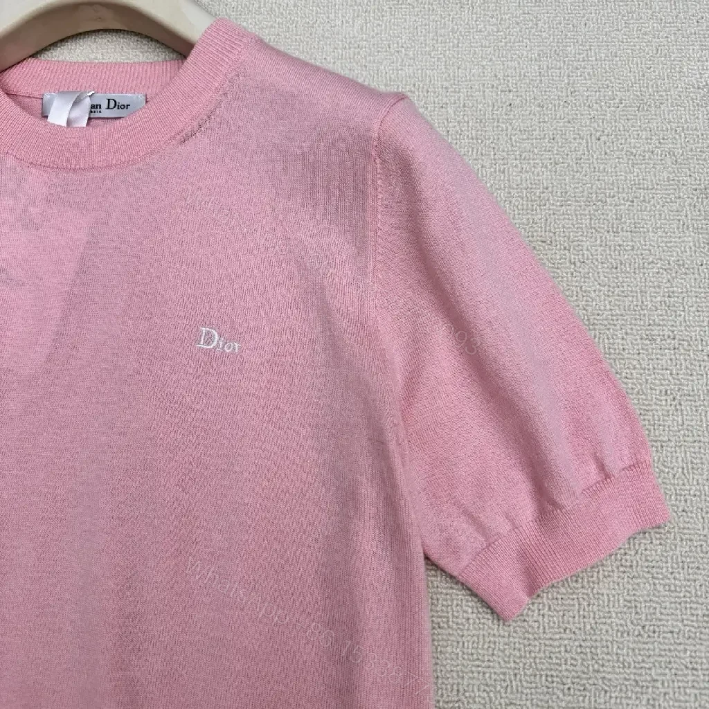 View 7 of Pink Cotton Knit Short Sleeve Dior Style with Logo Key Feature Tee