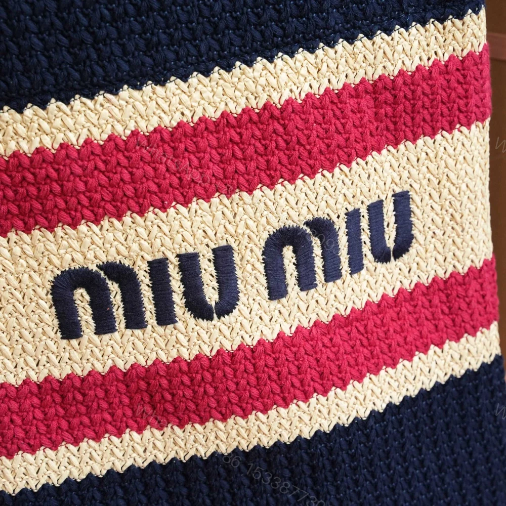 View 9 of 高仿miumiu*5BG248拼色LOGO稻草柳條包深藍色免檢版