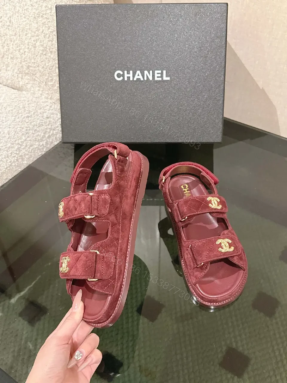 View 3 of Textured Burgundy Suede Slides with Gold Hardware - Luxe Comfort
