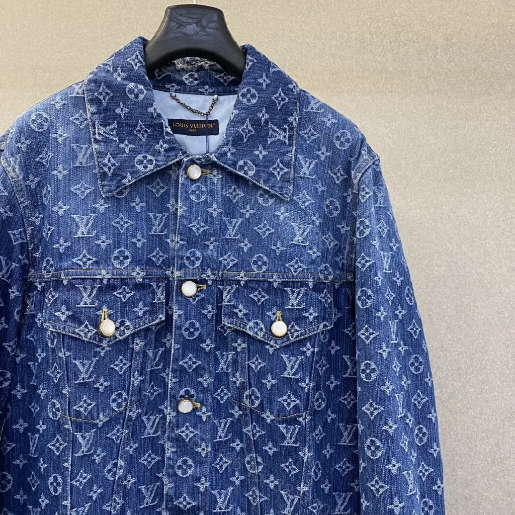 View 5 of Indigo Denim Trucker Jacket with Monogram Detail