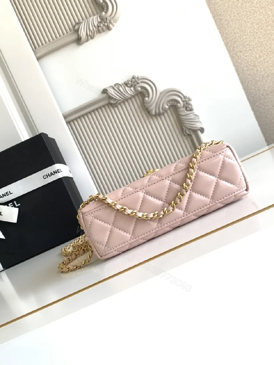 View 4 of Soft Pink Leather Quilted Mini Bag with Gold Hardware