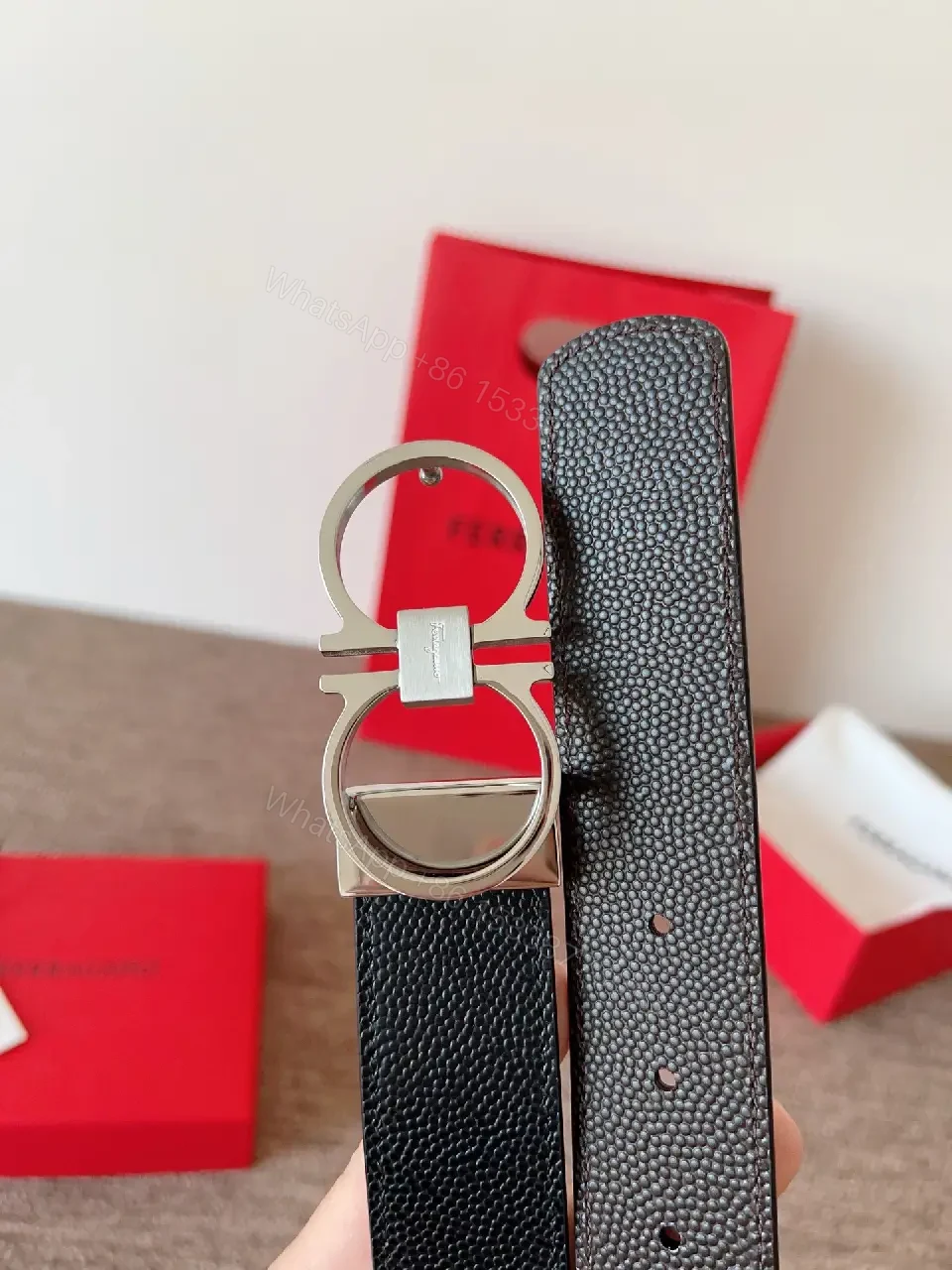 View 6 of Two-Tone Leather Belt with Interlock Buckle – Luxury Everyday Style