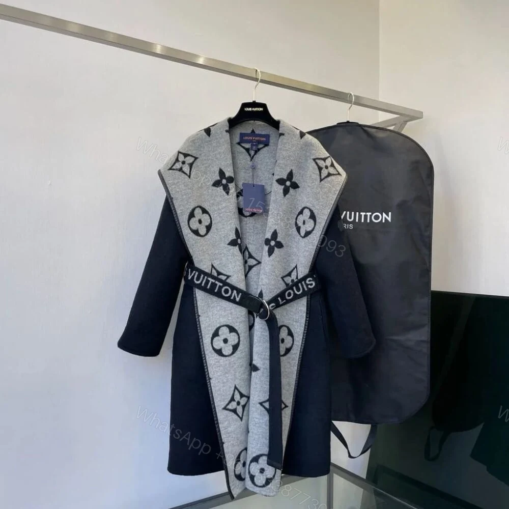 View 2 of Louis Vuitton Belted Double Sided Hooded Wrap Coat Black And Gray