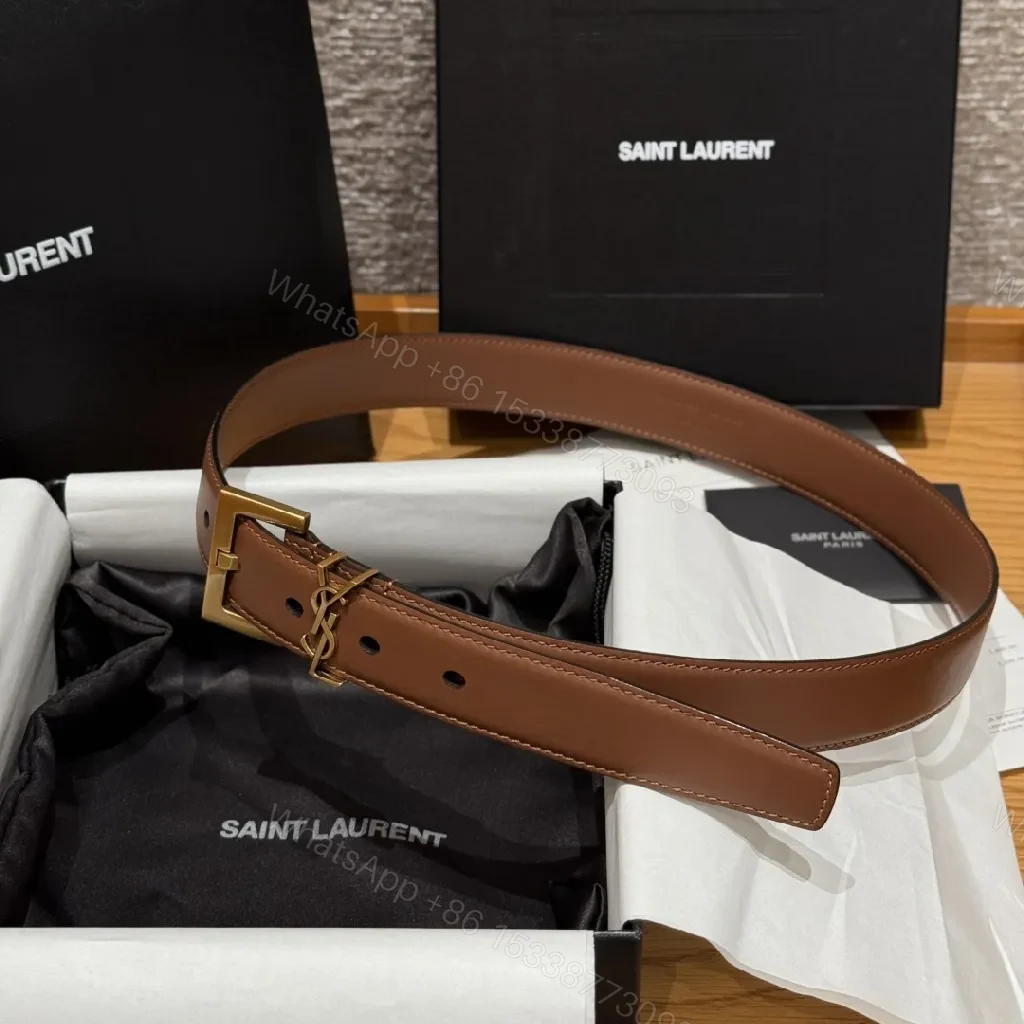 View 4 of Brown Leather Belt with Gold Logo Buckle—Versatile Luxury Accessory