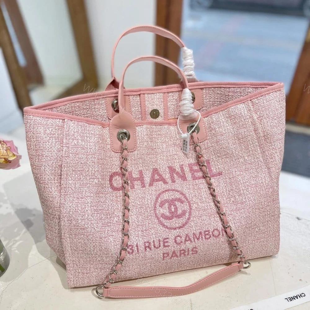 View 2 of Chanel Deauville Shopping Tote Bag Tweed Pink 37Cm