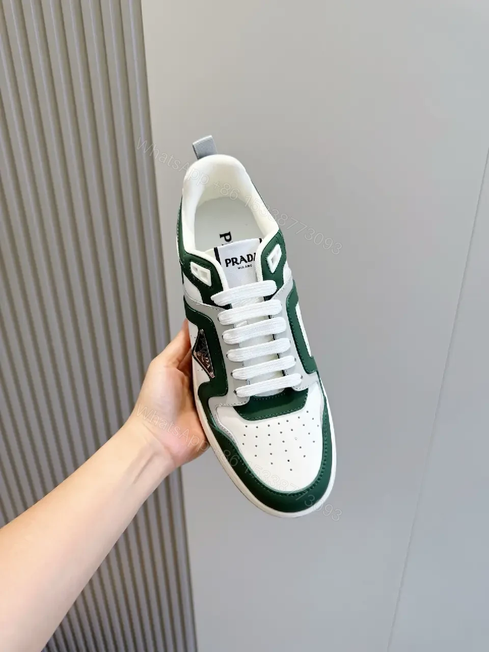 View 5 of Green Leather Runner Sneaker with White Laces Prada Style Sneakers