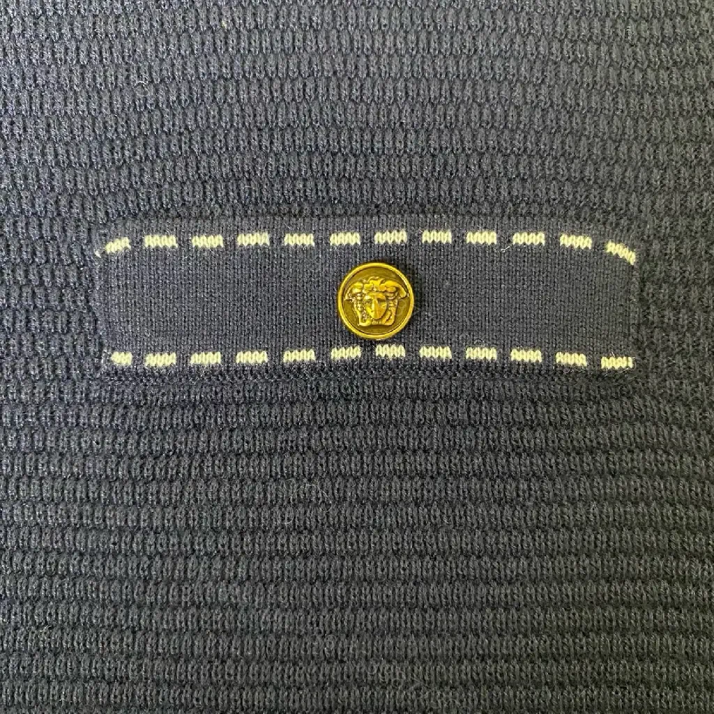 View 3 of Navy Knit Polo: V-Neck, Textured Grid, Pocket Detail, Versace Button
