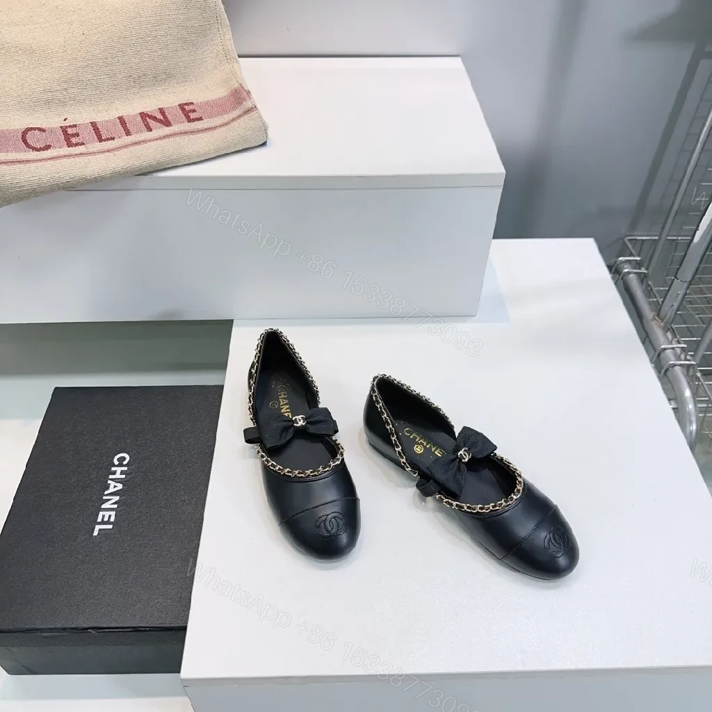 View 6 of Chic Leather Ballet Flats with Chain Trim and Bow