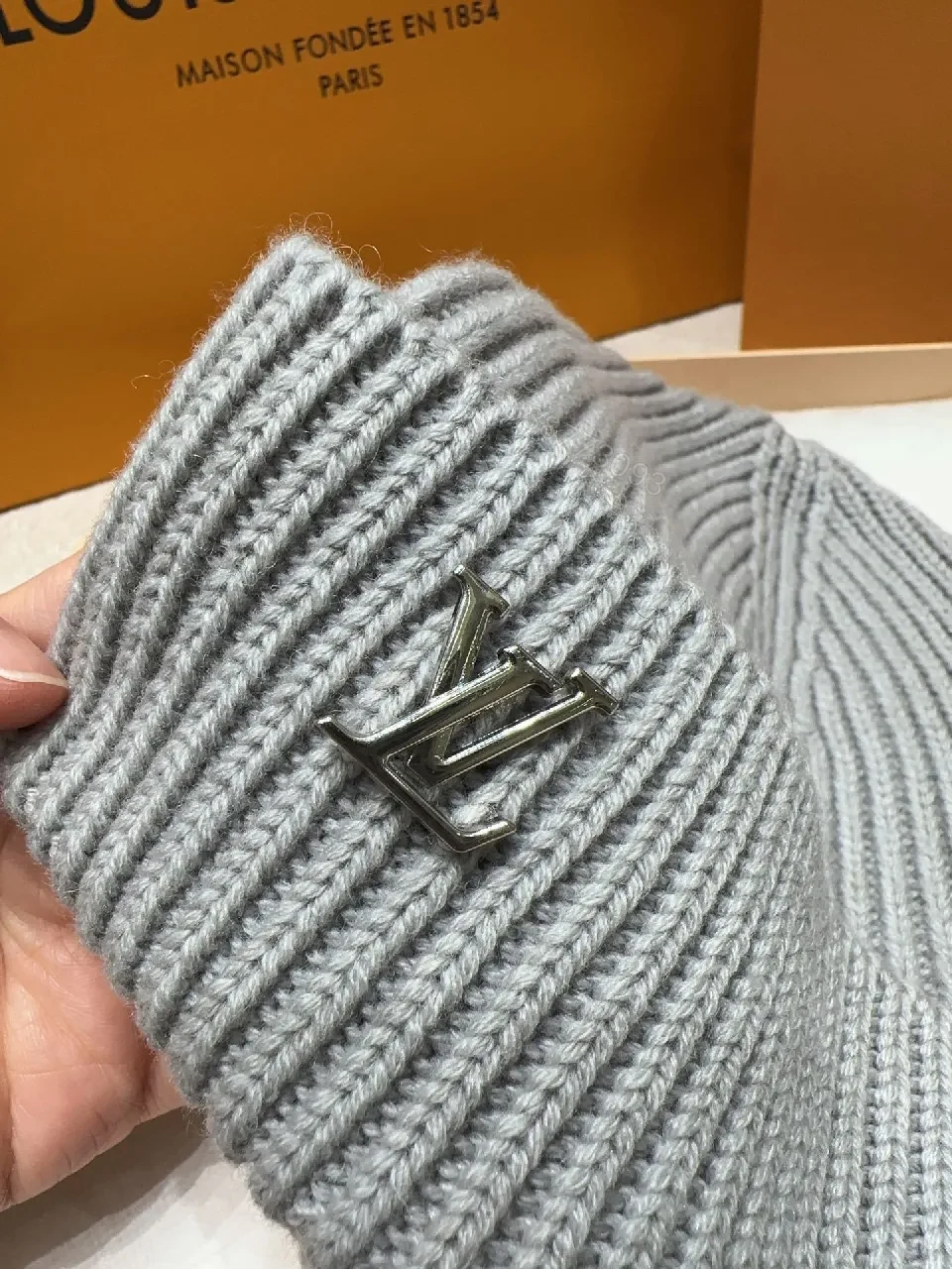 View 6 of Textured Knit Beanie, Gray Wool Blend, Minimalist, Discreet Logo, Beanie
