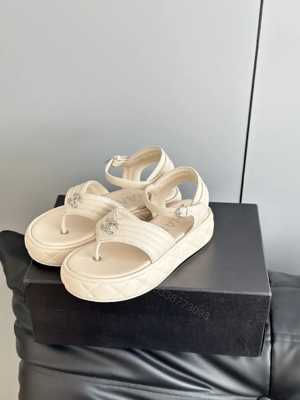 View 8 of Elegant Comfort Sandal: Signature Hardware, Open-Toe, Beige Leather-like Finish