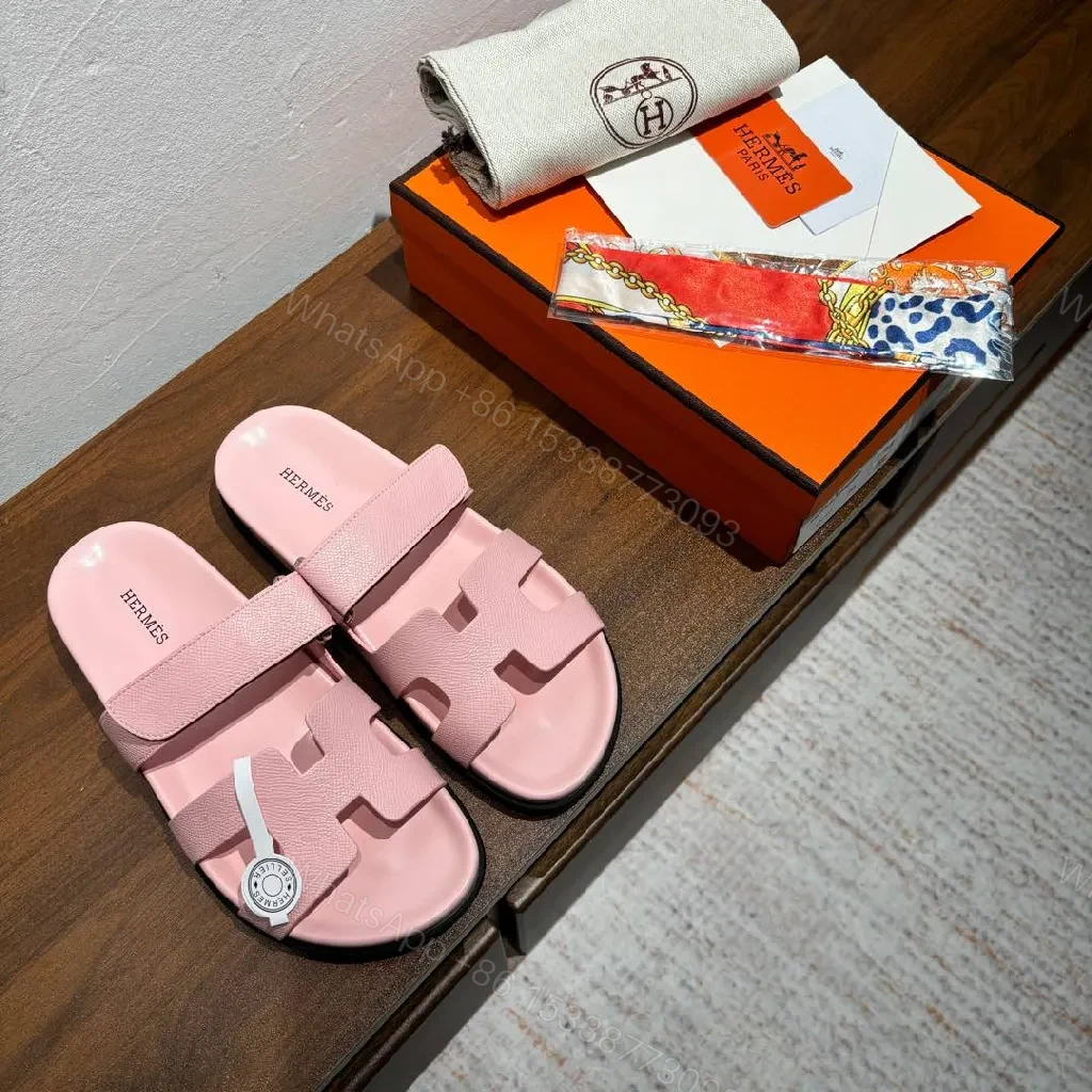 Pink Leather Slides with Signature Hardware Luxury Comfort — view 1