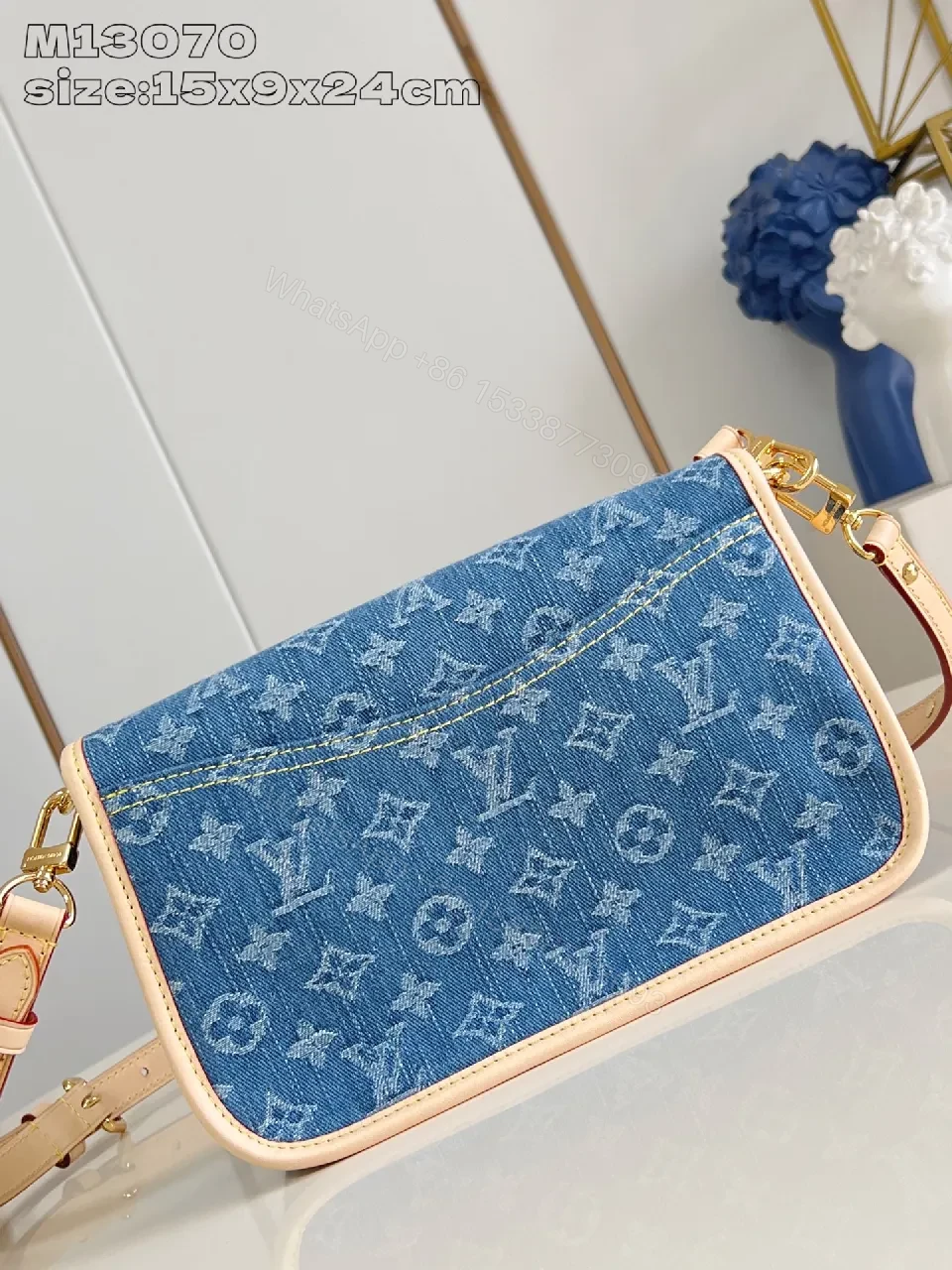 View 2 of Denim Crossbody Monogram Leather Trim Bag, Compact Style