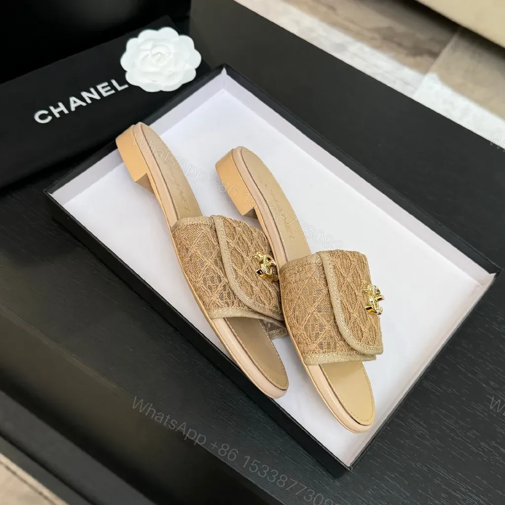 View 3 of Beige Textured Slides with Gold Logo Luxury Comfort