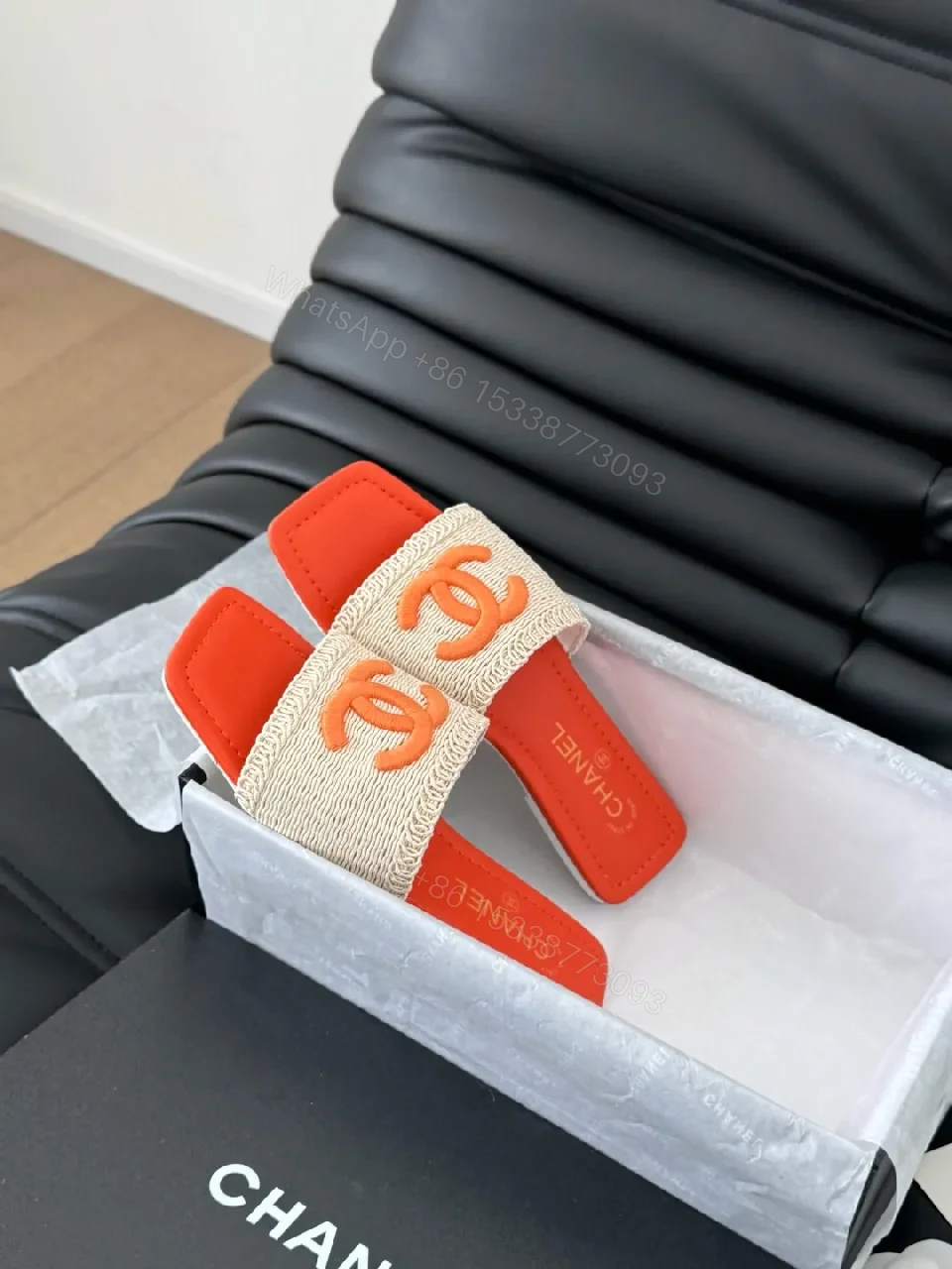 View 5 of Bold Orange-Blocked Chanel-Inspired Slide Sandals