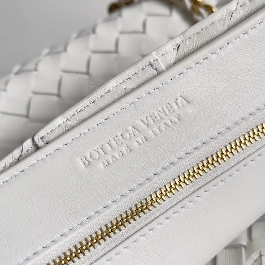 View 6 of White Faux Leather Tote with Gold Chain Accent, Woven Style Bag